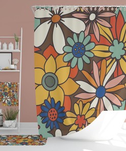 Retro Flowers 70's Shower Curtain, Bath Mat, Spa Wrap, Waffle Weave Shower Curtain, Hand Towel, Bath Towel