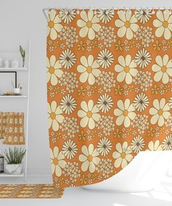 Retro Flowers Bathroom Decor, Shower Curtain, Bath Mat, Spa Wrap, Waffle Weave Shower Curtain, Hand Towel, Bath Towel