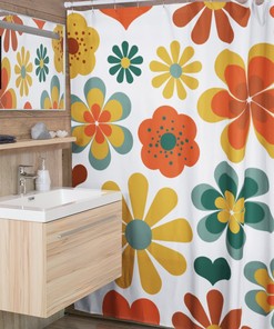 Retro Flowers Mod Boho 1970's Shower Curtain, Hippie Groovy White Orange Gold Green Shower Curtain, New Home Housewarming Gift, 70's Decor