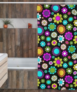 Retro Flowers Mod Boho Shower Curtain, 1970's Bathroom Hippie Groovy Bathroom Decor, Black Pink Green Yellow Shower Curtain 70's Decor