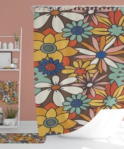 Retro Flowers Shower Curtain, Bath Mat, Spa Wrap, Waffle Weave Shower Curtain, Hand Towel, Bath Towel