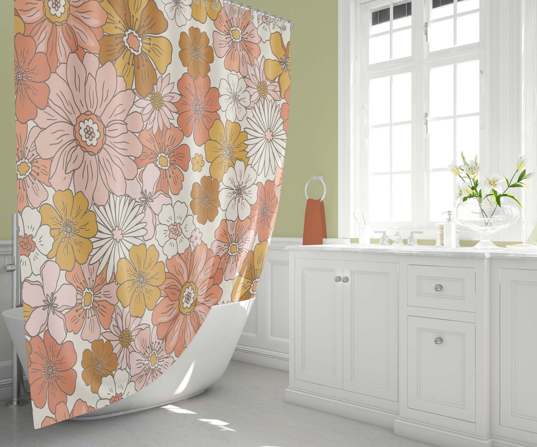 Retro Flowers Shower Curtain Groovy 60's 70's Hippie Shower Accessory