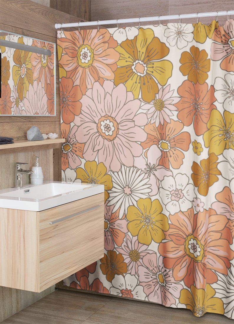 Retro Flowers Shower Curtain Groovy 60's 70's Hippie Shower Accessory - Image 2