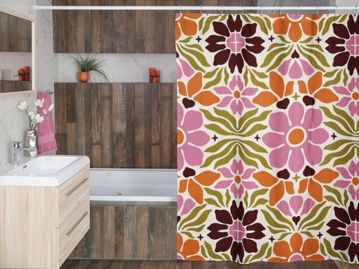 Retro Flowers Shower Curtain, Groovy 60's 70's Hippie Shower Accessory Bathroom Decor