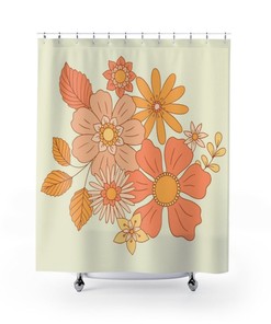 Retro Flowers Shower Curtain, Groovy 60's 70's Hippie Shower Accessory Curtain