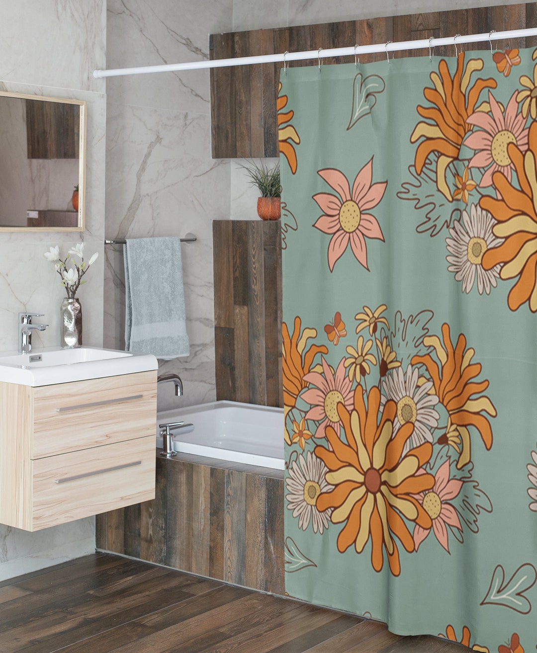 Retro Flowers Shower Curtain, Groovy 60's 70's Hippie Shower Accessory, Retro Bathroom Curtain