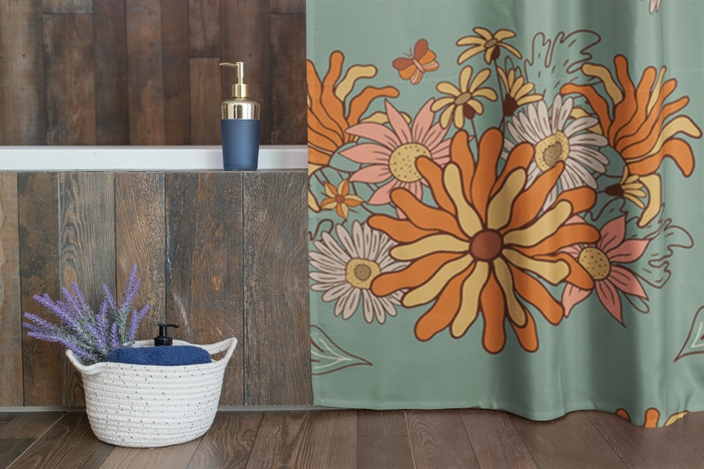 Retro Flowers Shower Curtain, Groovy 60's 70's Hippie Shower Accessory, Retro Bathroom Curtain - Image 2