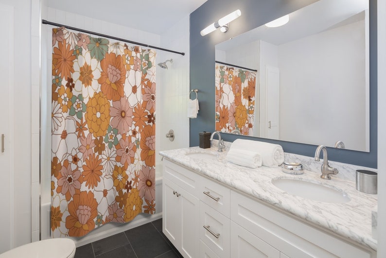 Retro Flowers Shower Curtain, Groovy 60's 70's Hippie Shower Accessory, Retro Bathroom Curtain Bathroom Decor - Image 3