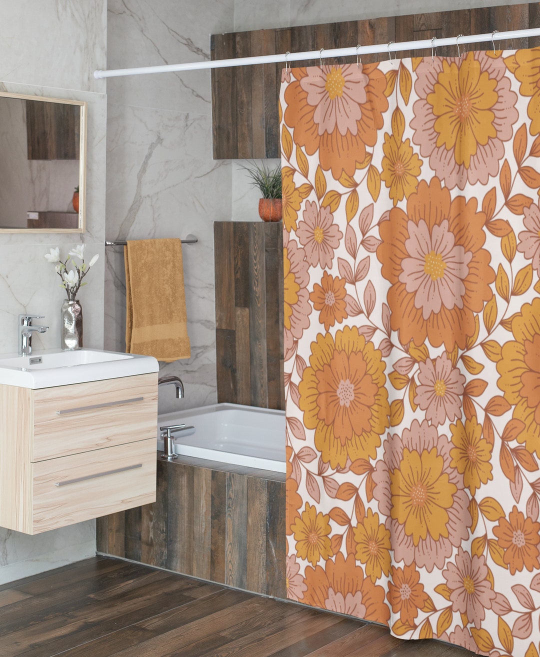 Retro Flowers Shower Curtain, Groovy 60's 70's Hippie Shower Accessory, Retro Bathroom Curtain For Family