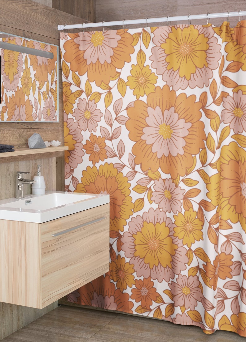 Retro Flowers Shower Curtain, Groovy 60's 70's Hippie Shower Accessory, Retro Bathroom Curtain For Family - Image 4