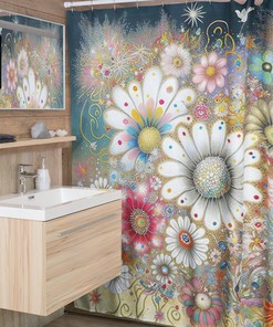 Retro Flowers Shower Curtain, Groovy 60's 70's Hippie Shower Accessory, Retro Bathroom Curtain, Tub Curtain