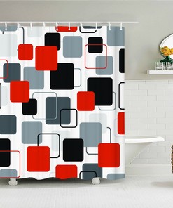 Retro Geometric Shower Curtain, Vintage Abstract Red Gray Black Bathroom Curtain, Simple Home Bath Decor Accessories
