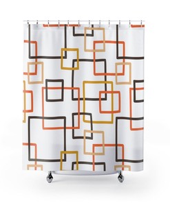 Retro Geometric White Brown Mustard, Orange, Mid Century Modern Shower Curtains