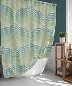 Retro Green Blue Curtain, Mid-Century Vintage Geometric Fabric Bathroom Curtain, Home Bathroom Set Decor, House Warming Gift