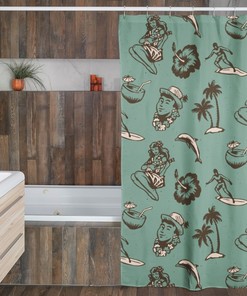 Retro Hawaiian Shower Curtain, 60's 70's Tiki Nostalgia Shower Accessory, Retro Bathroom Curtain