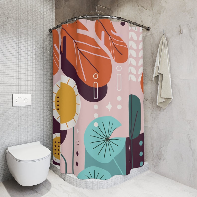 Retro Leaves Leaf Sunset Sunshine Abstract Art Shower Curtain - Contemporary Art For Your Apartment Bathroom - Image 2