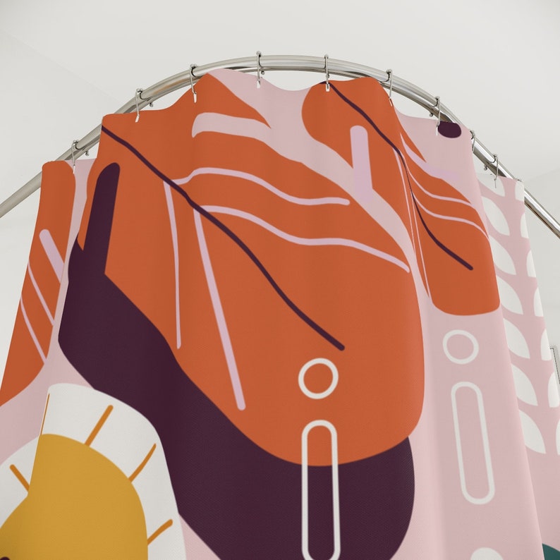 Retro Leaves Leaf Sunset Sunshine Abstract Art Shower Curtain - Contemporary Art For Your Apartment Bathroom - Image 3
