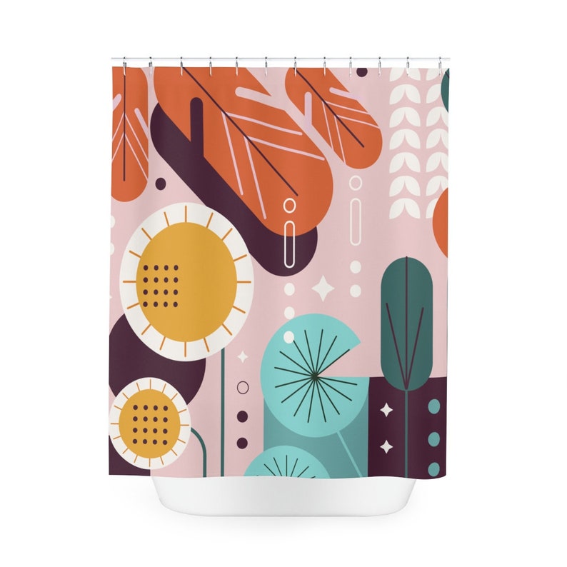 Retro Leaves Leaf Sunset Sunshine Abstract Art Shower Curtain - Contemporary Art For Your Apartment Bathroom - Image 4