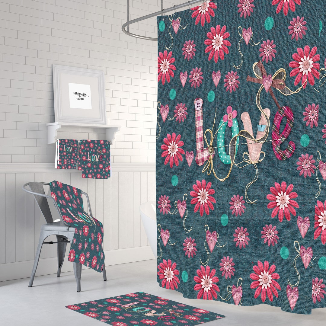 Retro Love Floral Shower Curtain, Hippe Boho