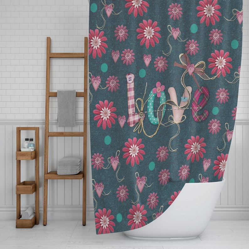 Retro Love Floral Shower Curtain, Hippe Boho - Image 2