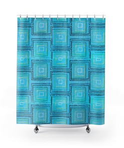 Retro Mid Century Modern Blue Green Yellow Block Print Shower Curtain For MCM 1950's