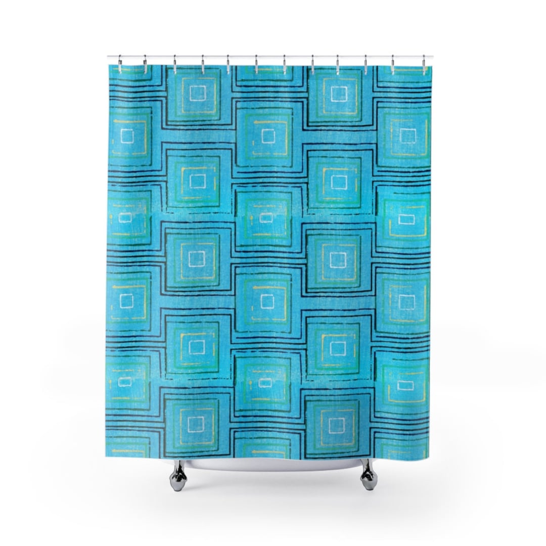Retro Mid Century Modern Blue Green Yellow Block Print Shower Curtain