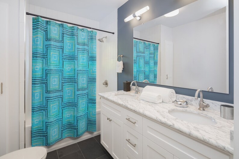 Retro Mid Century Modern Blue Green Yellow Block Print Shower Curtain For MCM 1950's - Image 2