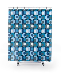 Retro Mid Century Modern Blue and White Shower Curtain For MCM 1950's Bathroom