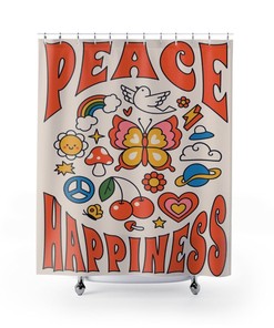 Retro Peace Happiness Shower Curtain, Groovy 60's 70's Hippie Shower Accessory, Retro Bathroom Curtain