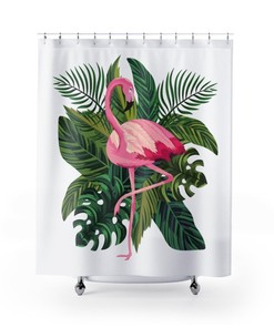Retro Pink Flamingo Vintage Hand Painted Look Mid Century Modern Tropical Pink 50's Flamingo Shower Curtain