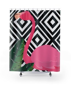 Retro Pink Flamingo with Black and White Geometric Background Shower Curtain