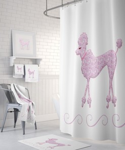 Retro Pink Poodle Shower Curtain, Bath Mat, Towels, Black And White Options