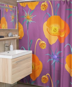 Retro Poppy Flowers 1970's Shower Curtain, Vintage Style Shower Curtain, New Home Housewarming Gift, 70's Decor, Retro Poppies Bathroom