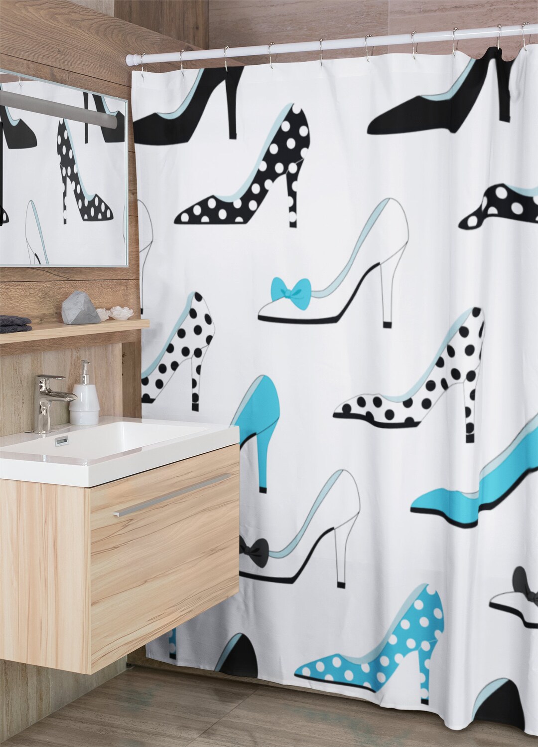 Retro Shoes Shower Curtains, Retro Shower Curtain, Housewarming Present New Home, Polka Dots Bathroom Accessories