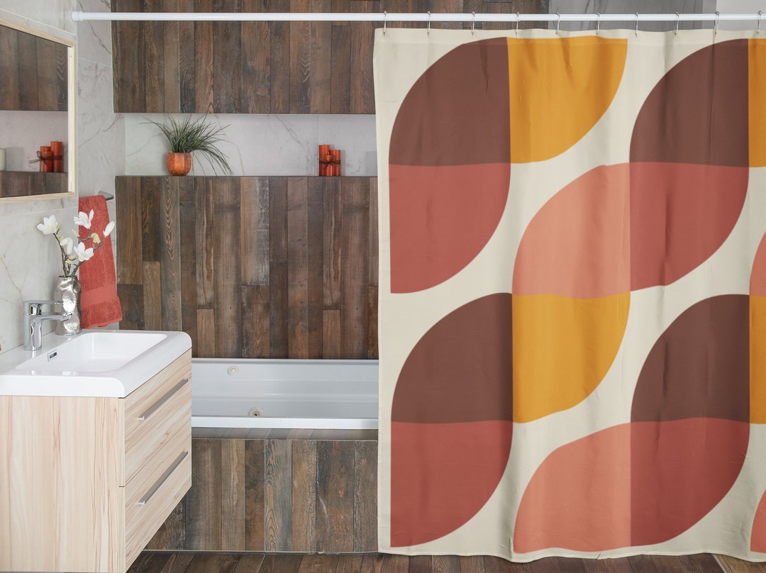 Retro Shower Curtain, 60's 70's Geometric Hippie Shower Accessory, Retro Bathroom Curtain