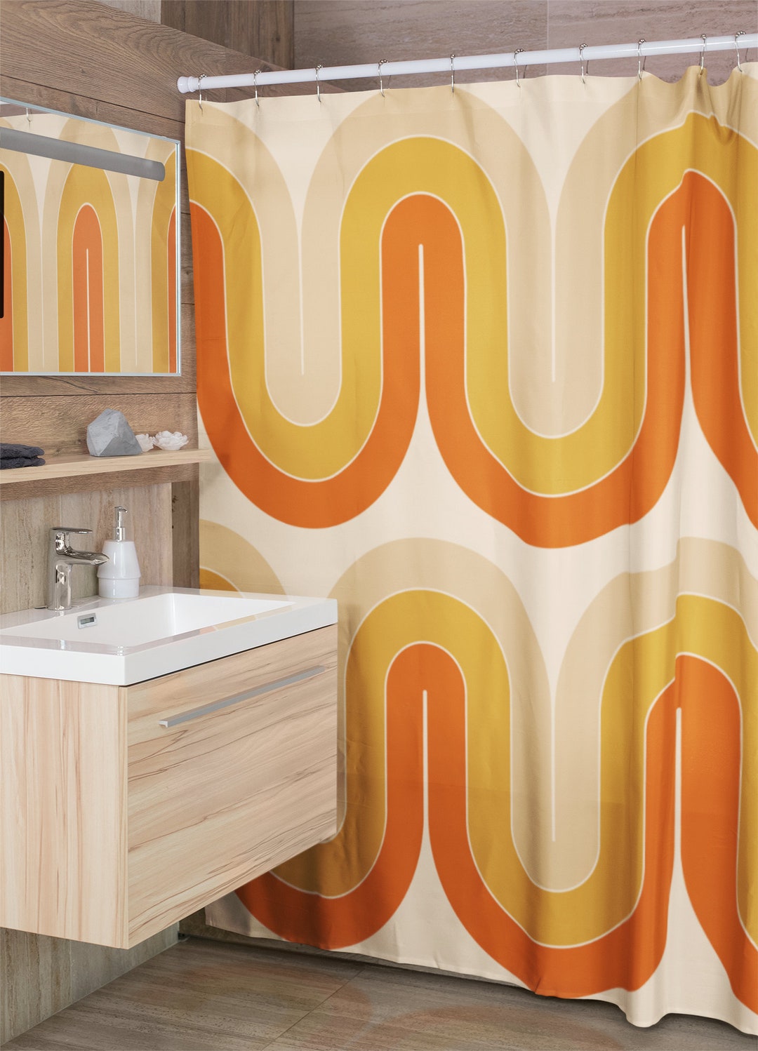 Retro Shower Curtain, 60's 70's Geometric Hippie Shower Accessory, Retro Bathroom Curtain