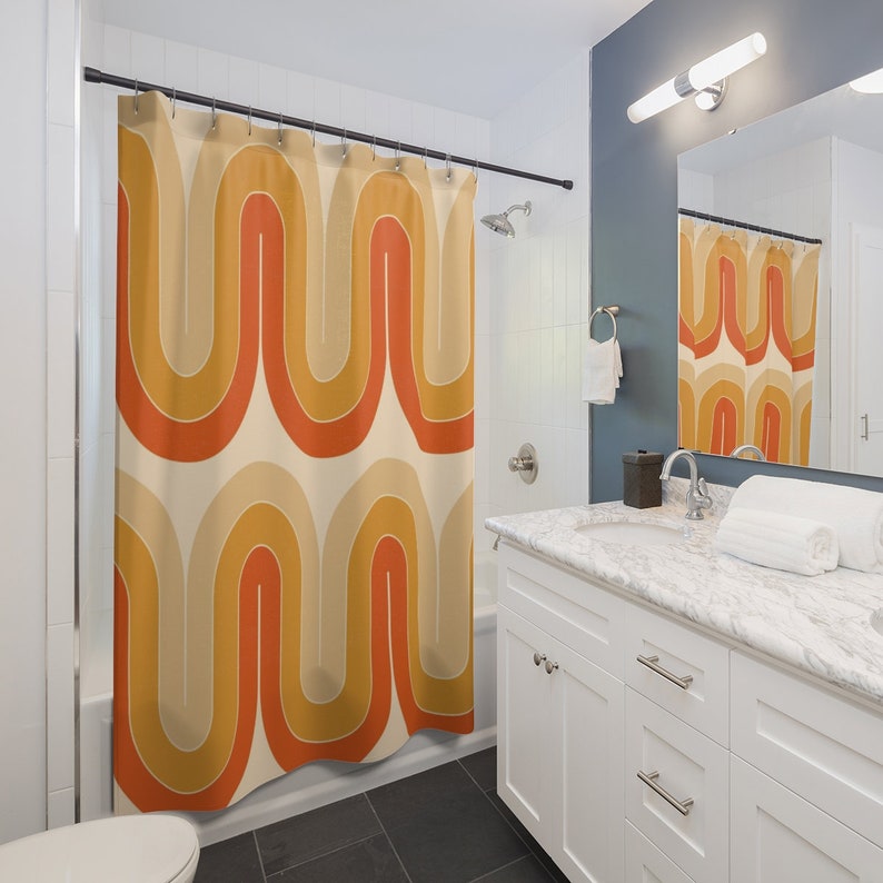 Retro Shower Curtain, 60's 70's Geometric Hippie Shower Accessory, Retro Bathroom Curtain - Image 3