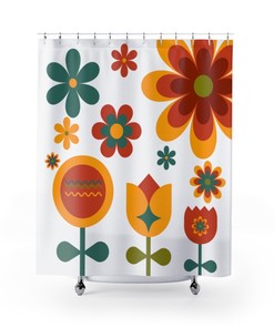 Retro Shower Curtain, 60's 70's Groovy, Retro Boho Flowers, Mid Mod, Orange Teal Burnt Orange Rust Green Hippie
