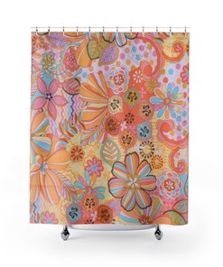 Retro Shower Curtain, 60's, 70's Retro Mid Mod Shower Curtain, Pink, Blue, Yellow, Paisley Groovy Floral Home Bath Decor