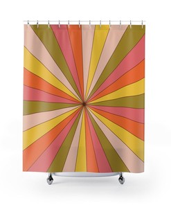 Retro Shower Curtain, 70's Groovy Abstract, Sunburst, Orange, Pink, Yellow Green, Mid Mod, Mid Century Modern, 70's Bath Decor