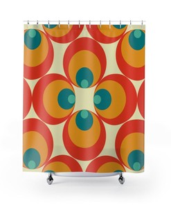 Retro Shower Curtain, 70's Groovy Orbs, Peacock Eye, Teal, Burnt Orange, Yellow, Funky, Retro Mid Century Modern, Mid Mod Shower Curtains