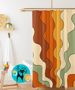 Retro Shower Curtain, 70's Groovy Wave Hipster, Orange, Green, Yellow, Beige, Rust, Mid Mod Shower Curtain