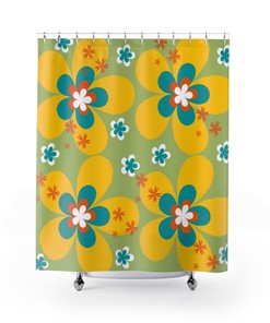 Retro Shower Curtain, 70's Summer Mod Daisy, Green, Orange, White, Teal, Retro Mid Mod Groovy, Flower Power Shower Curtains