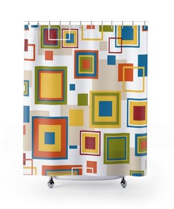 Retro Shower Curtain, Abstract Mid Century Modern Retro Blue, Orange, Green, Yellow, Beige Shower Curtain