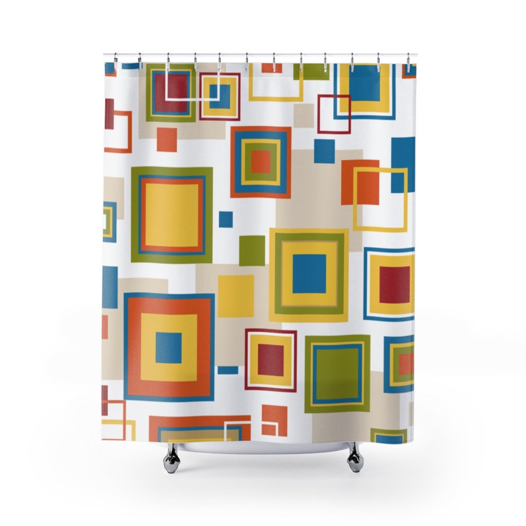 Retro Shower Curtain, Abstract Mid Century Modern Retro Blue, Orange, Green, Yellow, Beige Shower Curtain