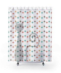 Retro Shower Curtain, Atomic Cat, White, Mid Century Modern Shower Curtain