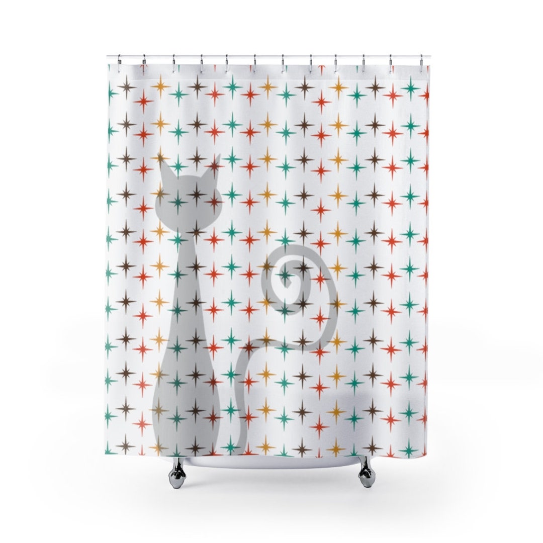 Retro Shower Curtain, Atomic Cat, White, Mid Century Modern Shower Curtain