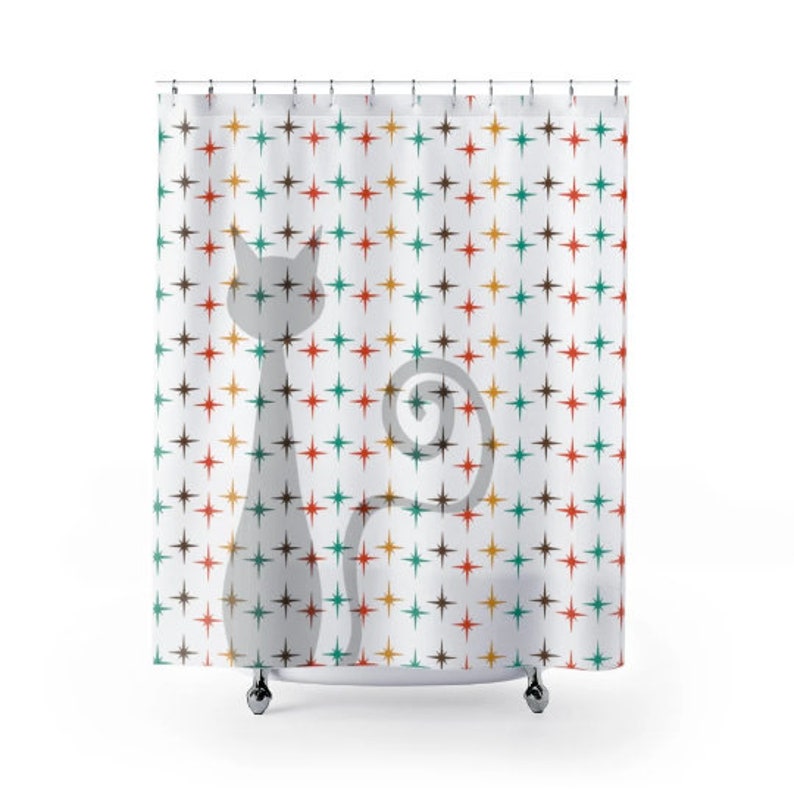 Retro Shower Curtain, Atomic Cat, White, Mid Century Modern Shower Curtain - Image 2