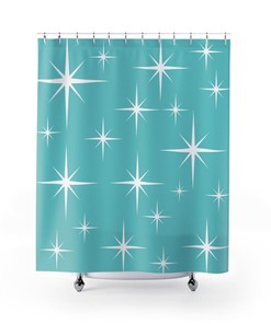 Retro Shower Curtain, Atomic Starburst Aqua Blue, White Diamonds, Mid Century Modern, Mcm Retro Shower Curtain