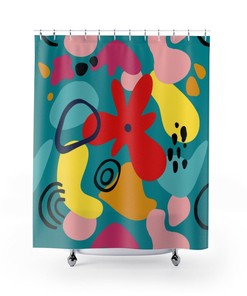 Retro Shower Curtain, Boho Abstract Art, Teal Blue, Retro Bohemian Bathroom, Mid Mod Shower Curtain